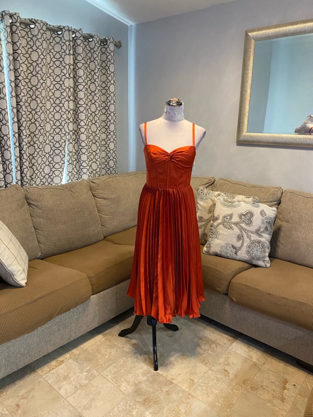 New Women 4 Pleated Maxi Dress in Sunset Orange,sweetheart neckline,